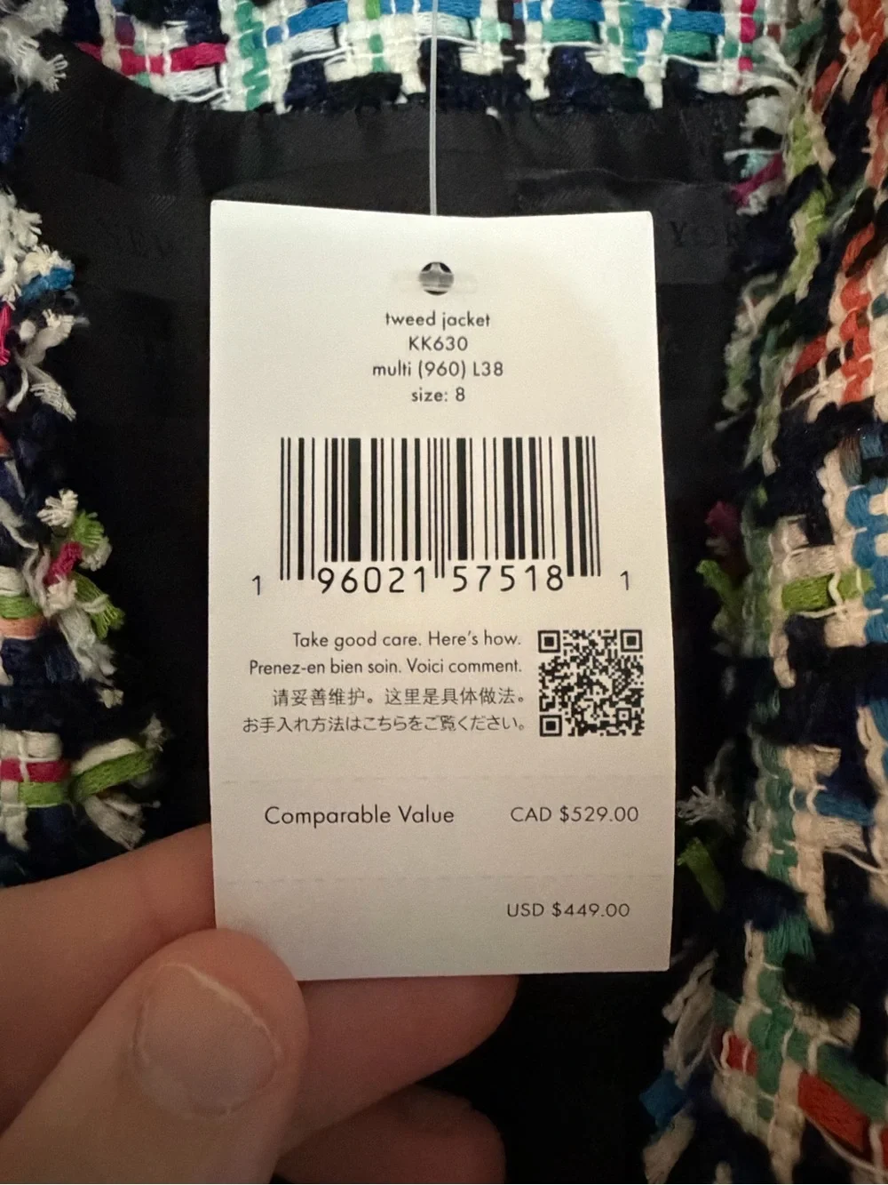 NWT Kate Spade Multicolor/Navy Tweed Jacket - Size 8